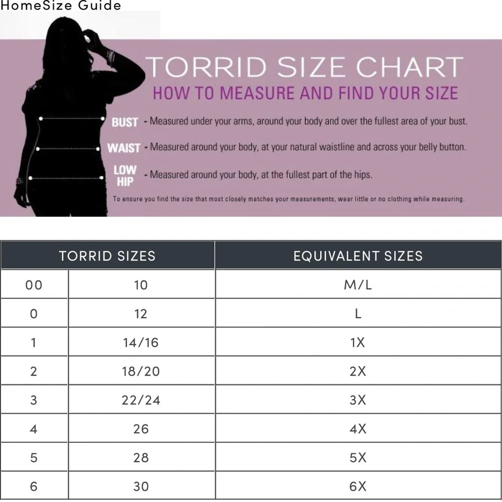 Torrid Size Chart Guide - Picture 1 of 2